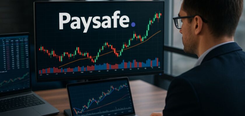 un uomo di spalle che osserva un grafico sullo schermo di un pc. Sullo stesso la scritta PaySafe
