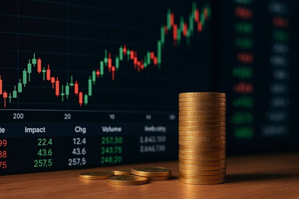 una pila di monetine con dei grafici finanziari sullo sfondo