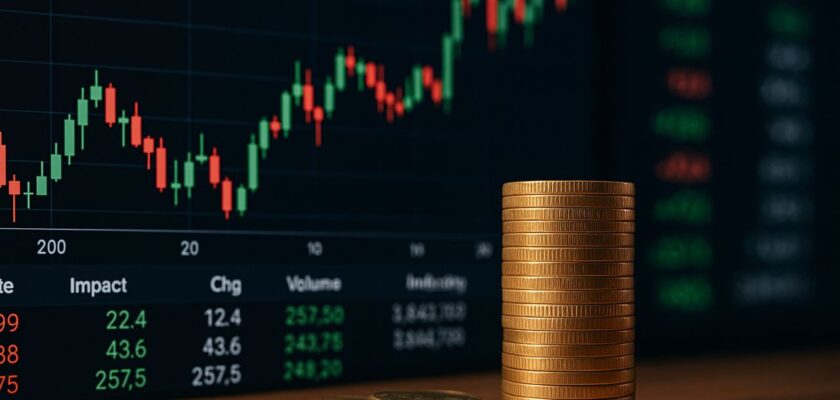 una pila di monetine con dei grafici finanziari sullo sfondo