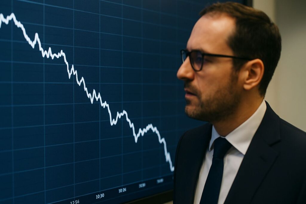 Profilo di un investitore che osserva un grafico in discesa su uno schermo