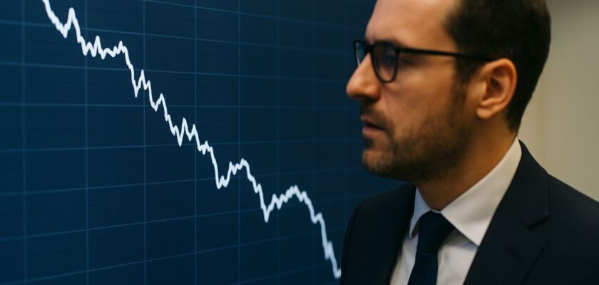 Profilo di un investitore che osserva un grafico in discesa su uno schermo