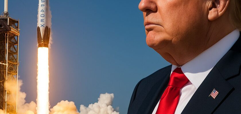 Profilo di Donald Trump e un razzo che decolla dalla piattaforma di lancio sullo sfondo