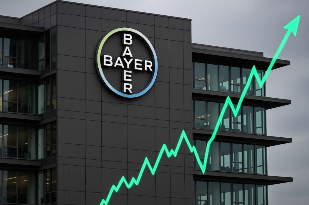 Un edificio con il logo di Bayer e una freccia verde verso l'alto in sovrimpressione