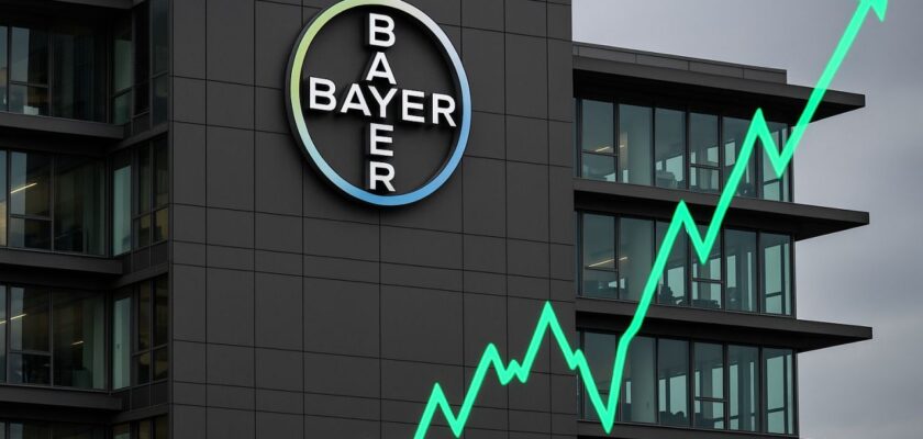 Un edificio con il logo di Bayer e una freccia verde verso l'alto in sovrimpressione