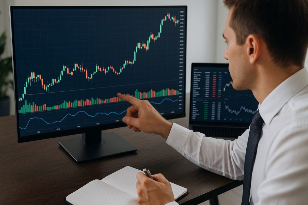 Un investitore che osserva un grafico a candele su uno schermo