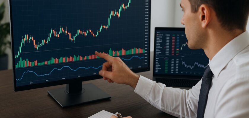 Un investitore che osserva un grafico a candele su uno schermo