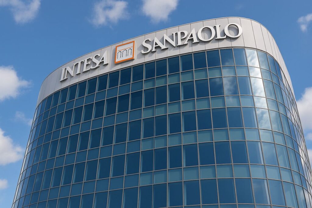 Un palazzo con la scritta intesa Sanpaolo in cima