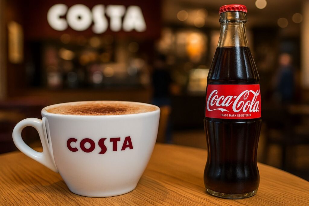 una tazza di caffé accanto a una bottiglia di Coca Cola