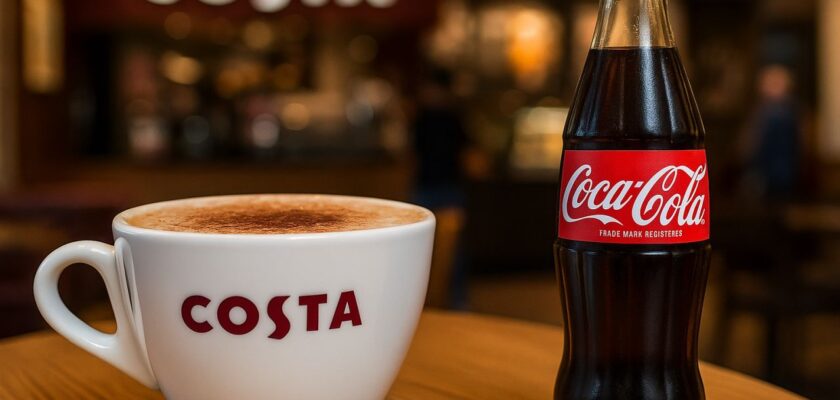 una tazza di caffé accanto a una bottiglia di Coca Cola