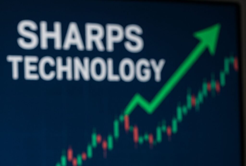 La scritta Sharps Technology su uno schermo con un grafico a candele e una freccia verde verso l'alto
