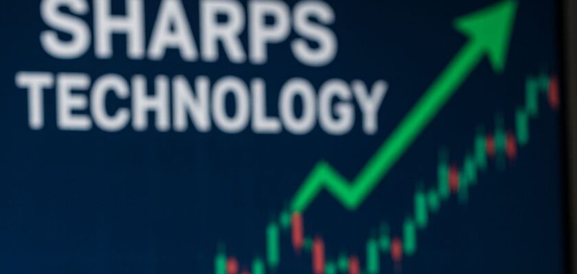 La scritta Sharps Technology su uno schermo con un grafico a candele e una freccia verde verso l'alto