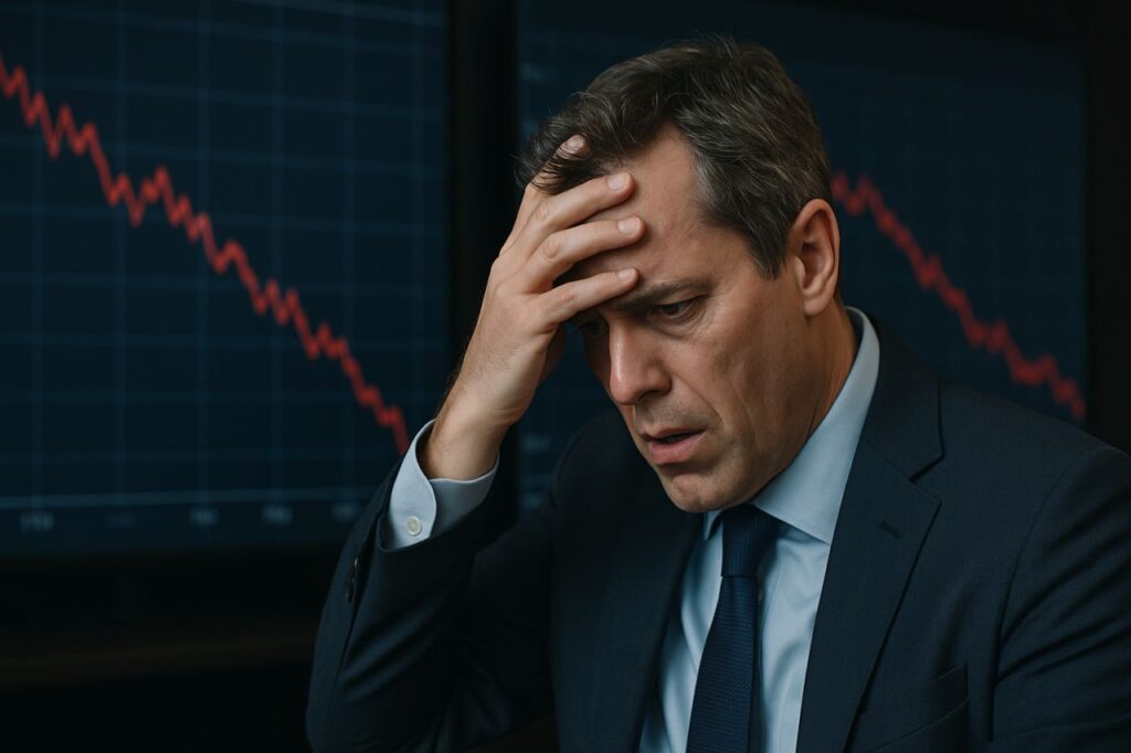 Primo piano di un investitore con un grafico finanziario in discesa sullo sfondo