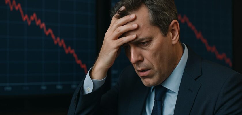 Primo piano di un investitore con un grafico finanziario in discesa sullo sfondo