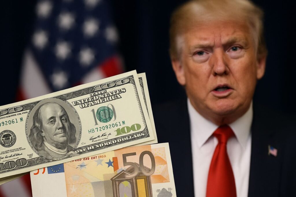 Primo piano di Donald Trump e accanto delle banconote in primo piano