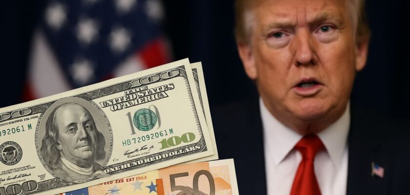 Primo piano di Donald Trump e accanto delle banconote in primo piano