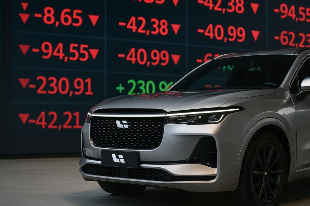 Un'automobile Li Auto con un tabellone sullo sfondo che mostra l'andamento dei titoli