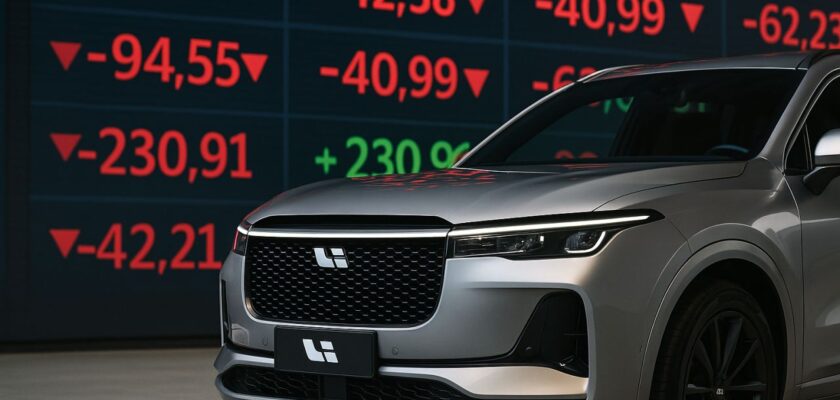 Un'automobile Li Auto con un tabellone sullo sfondo che mostra l'andamento dei titoli