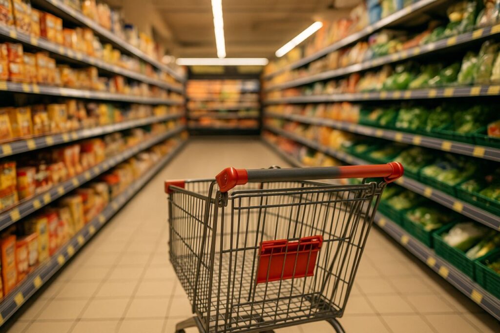 Un carello vuoto in mezzo alla corsia di un supermercato