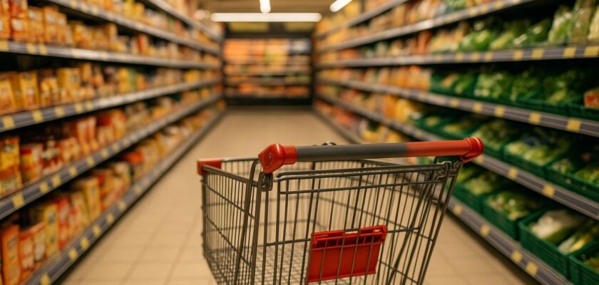 Un carello vuoto in mezzo alla corsia di un supermercato