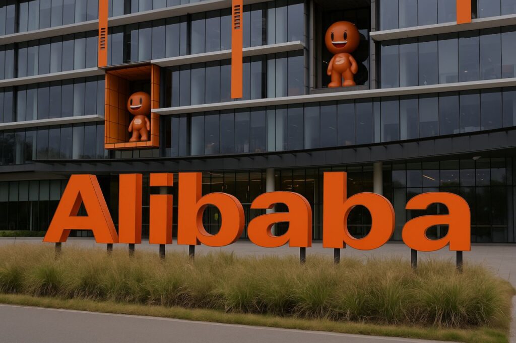 Scritta Alibaba davanti a un edificio