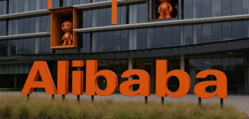 Scritta Alibaba davanti a un edificio