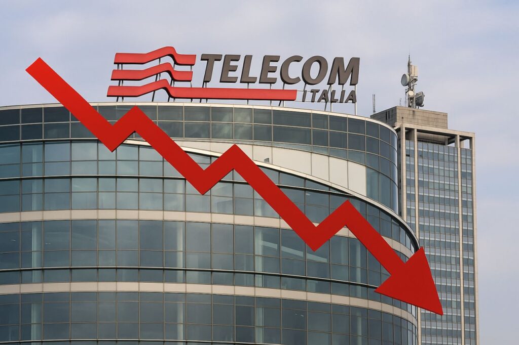 Un edificio con l'insegna Telecom Italia in cima. In sovrimpressione una freccia rossa verso il basso