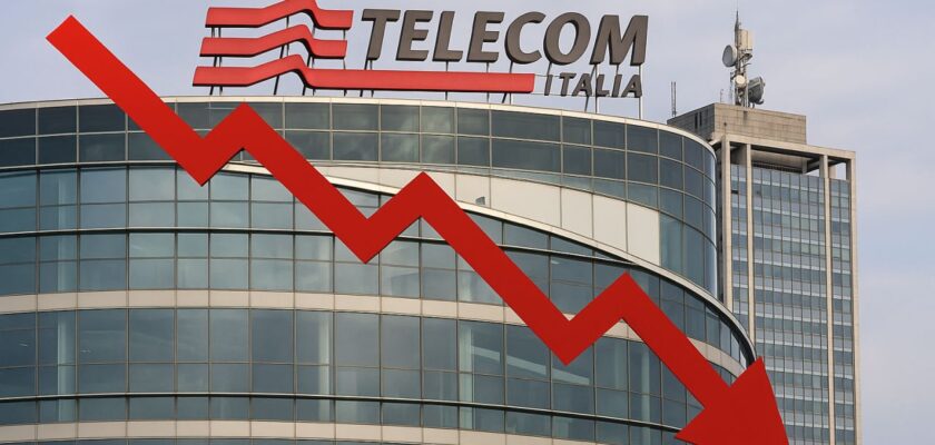 Un edificio con l'insegna Telecom Italia in cima. In sovrimpressione una freccia rossa verso il basso