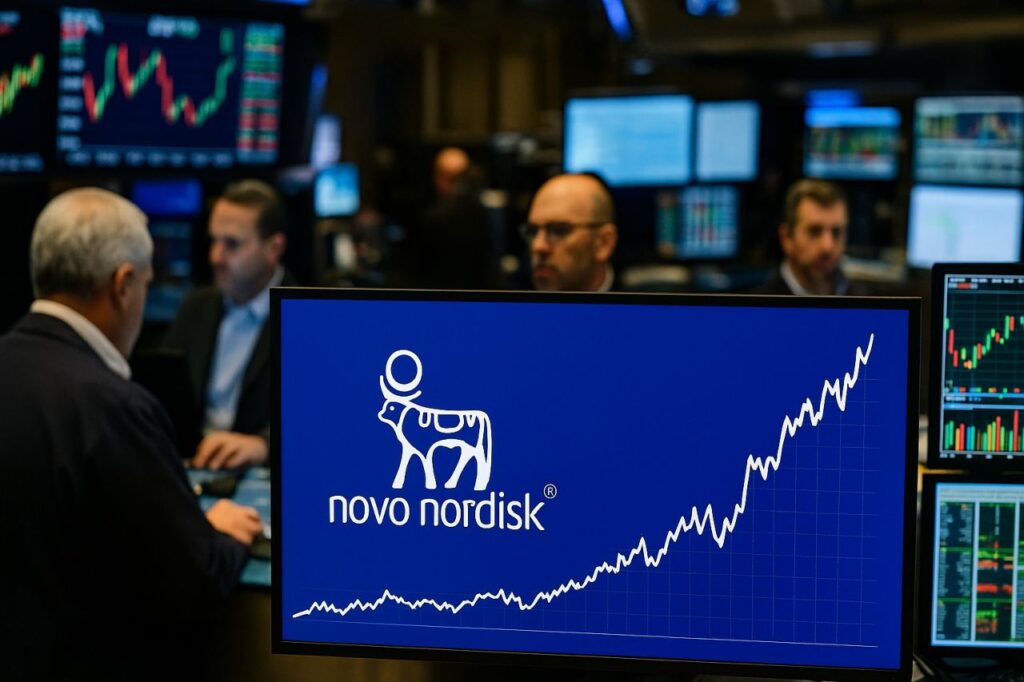 Una sala della Borsa con degli schermi con grafici finanziari. Il logo Novo Nordisk sullo schermo in primo piano