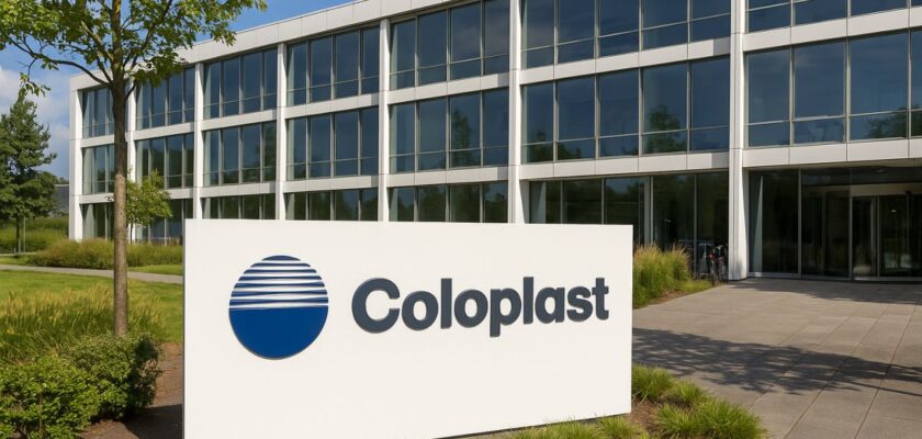 Un edificio con logo e scritta Coloplast su un'insegna fissata sul prato antistante