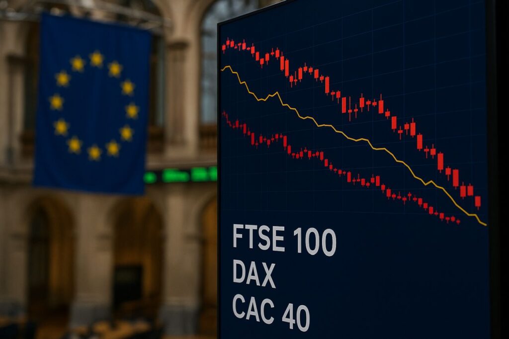 La bandiera dell'UE in alto a sinistra e un tabellone con un grafico in discesa