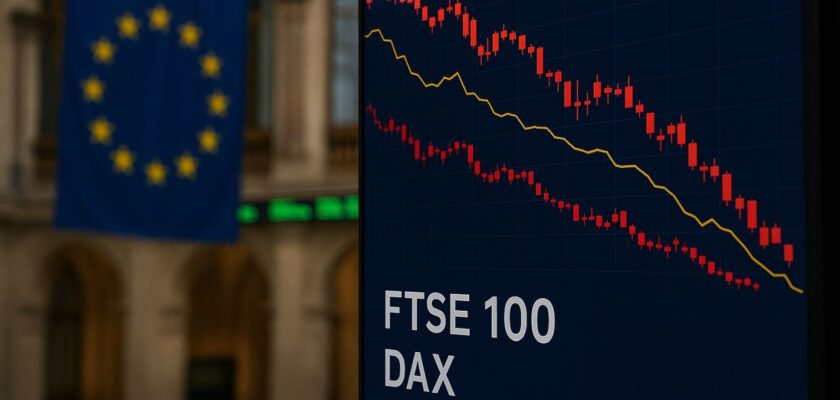La bandiera dell'UE in alto a sinistra e un tabellone con un grafico in discesa