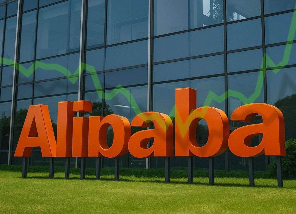 insegna Alibaba e grafico di borsa