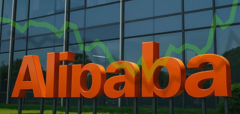 insegna Alibaba e grafico di borsa