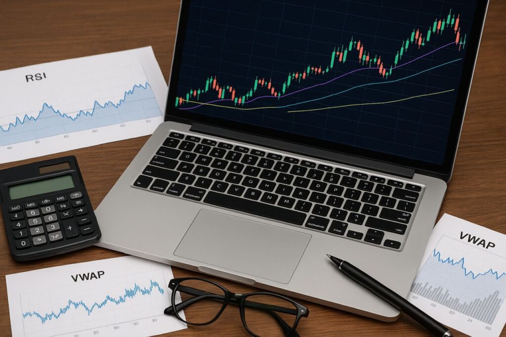 un laptop e una calcolatrice su una scrivania con dei grafici finanziari