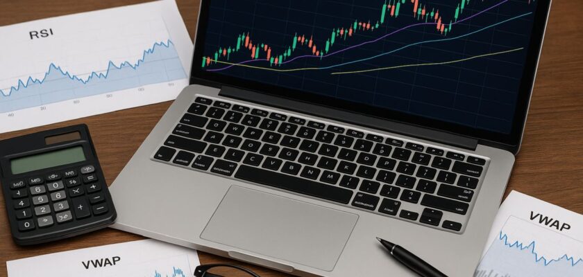 un laptop e una calcolatrice su una scrivania con dei grafici finanziari