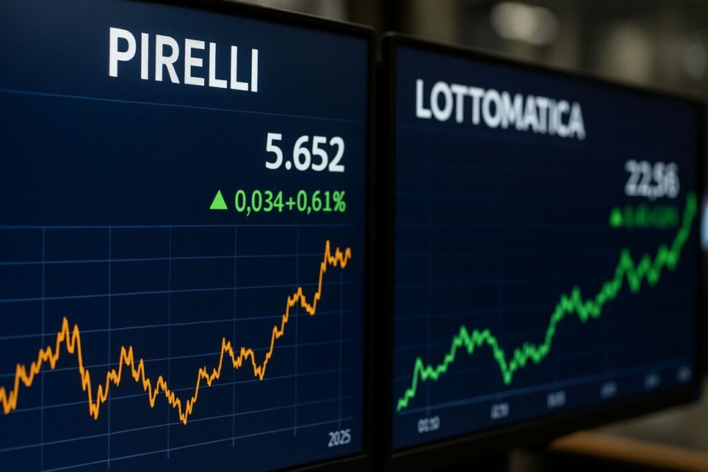 un tabellone con la scritta Pirelli e uno con la scritta Lottomatica con dei grafici che indicano l'andamento dei titoli
