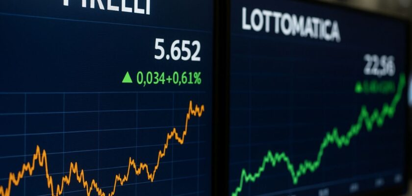 un tabellone con la scritta Pirelli e uno con la scritta Lottomatica con dei grafici che indicano l'andamento dei titoli