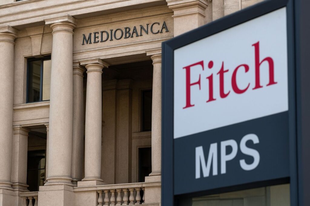 un edificio storico con la scritta Mediobanca all'ingresso. Sulla destra un cartello con la scritta Fitch MPS