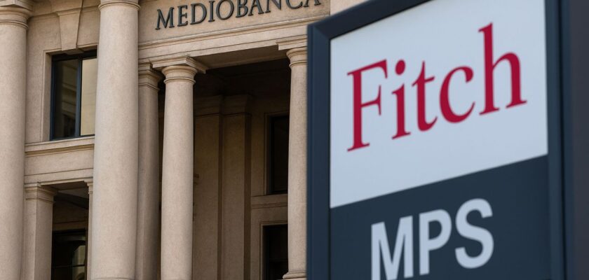 un edificio storico con la scritta Mediobanca all'ingresso. Sulla destra un cartello con la scritta Fitch MPS