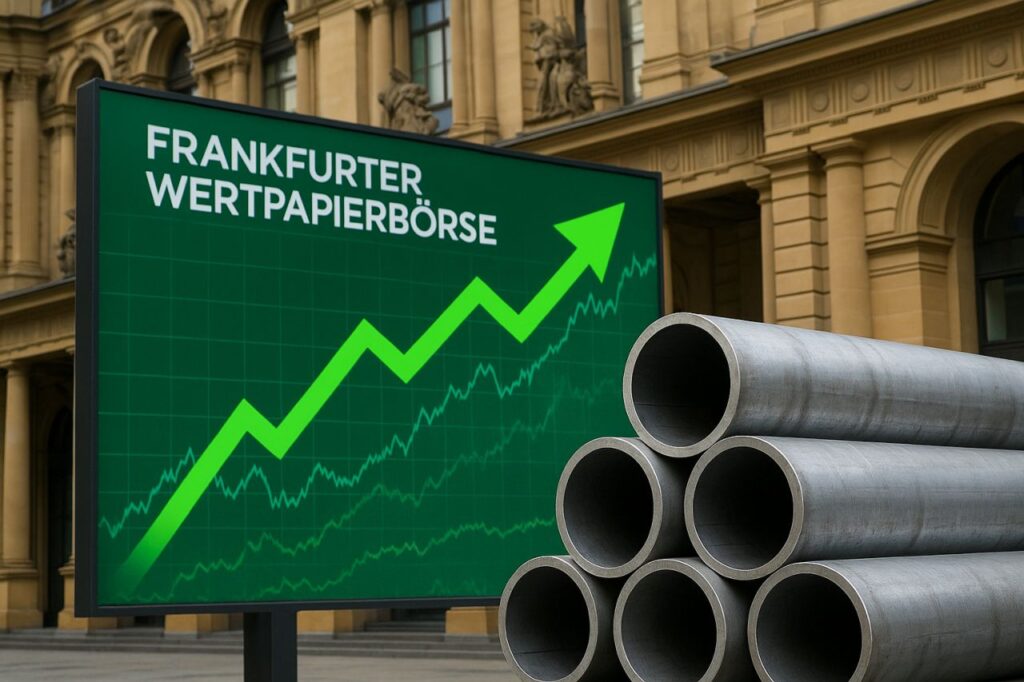 Un cartello con una freccia verso l'alto su un grafico con sfondo verde. In sovrimpressione dei tubi metallici e sullo sfondo un edificio storico