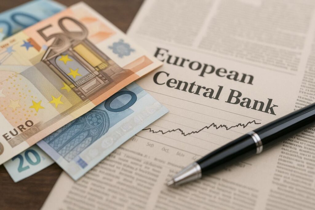 Un ritaglio di giornale con una penna e delle banconote in euro