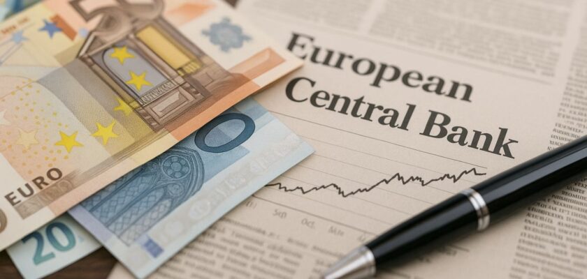 Un ritaglio di giornale con una penna e delle banconote in euro
