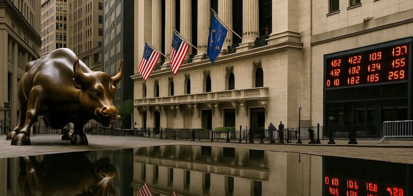 La statua di un toro con gli edifici di Wall Street di fronte