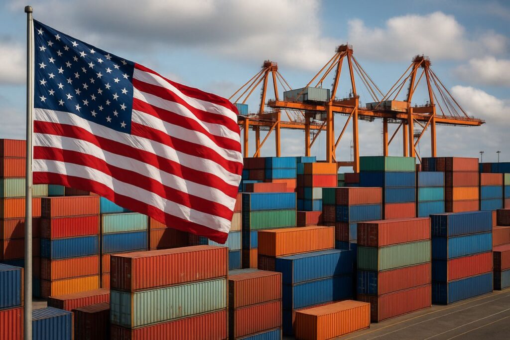 La bandiera degli Usa in primo piano sul lato sinistro dell'immagine, e una moltitudine di container sullo sfondo