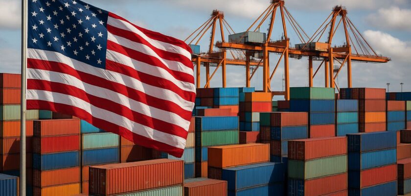 La bandiera degli Usa in primo piano sul lato sinistro dell'immagine, e una moltitudine di container sullo sfondo