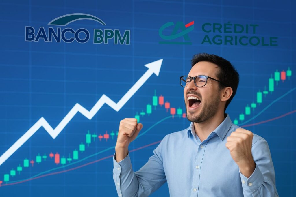 trader che esulta e loghi Banco BPM e Credit Agricole