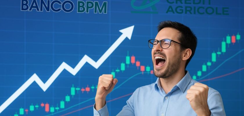 trader che esulta e loghi Banco BPM e Credit Agricole