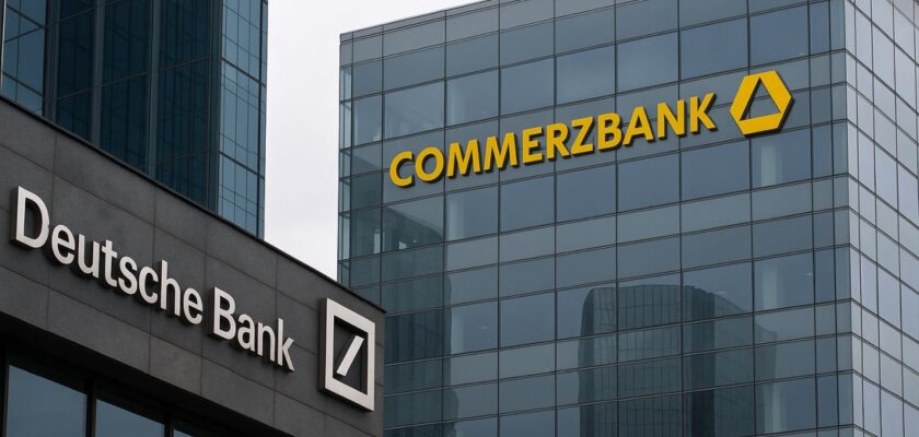 Un edificio con la scritta Deutsche Bank e uno con la scritta Commerzbank