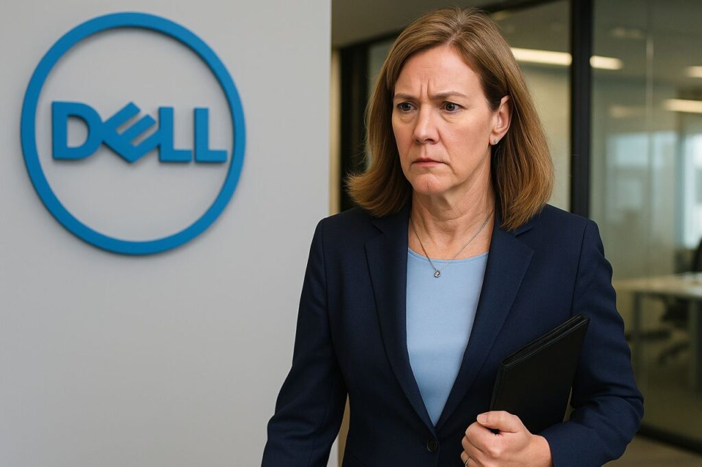 primo piano di una donna di mezza età con il logo Dell sullo sfondo