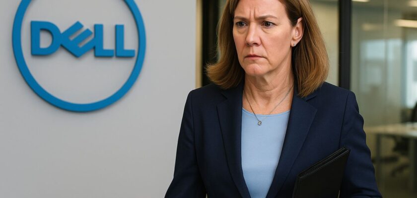 primo piano di una donna di mezza età con il logo Dell sullo sfondo